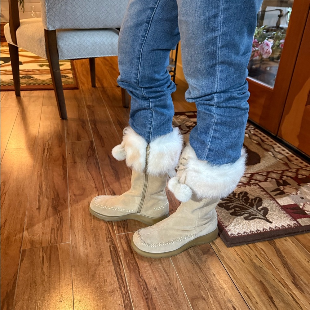 Aerosoles Beige Faux Fur Pom-Pom Winter Boots